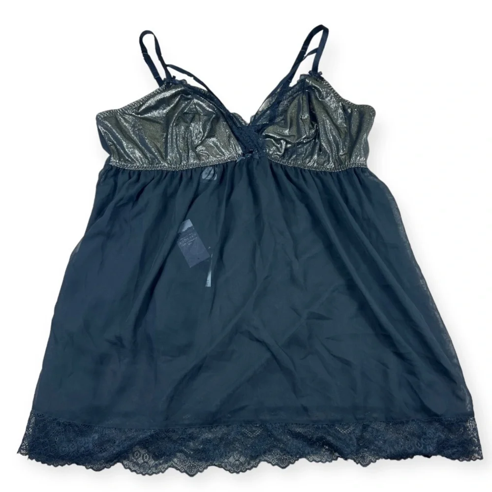 Cacique Foil Lace Strappy No Wire Babydoll Panty 2 Piece Set Black 22/24